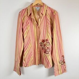 Long Elegant Legs Vintage VTG Striped Embroidered Raw Hem Button Up Shirt Top XL